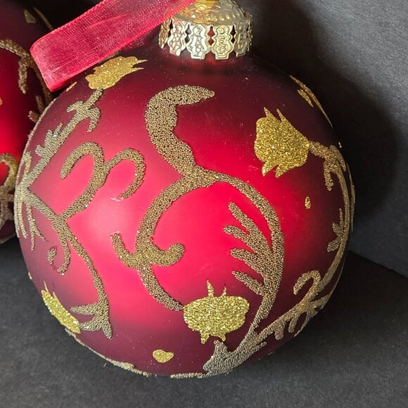 Frontgate Red Glass Christmas Ornaments Set Of 2 Gold Scroll Glitter Pattern 4" - Picture 2 of 8